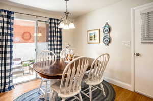 Dining space featuring a wealth of natural light, hardwood / wood-style flooring, and an inviting chandelier