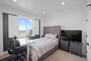 Bedroom featuring light carpet