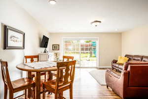 Dining area with light wood-type flooring