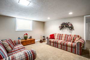 Living room with light carpet and a textured ceiling