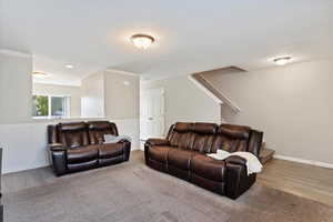 Family room with crown moulding, wainscoting trim, carpet and laminate in traffic areas, wall mounted TV.