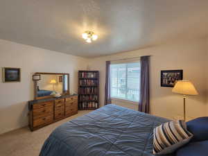 Carpeted bedroom featuring a textured ceiling