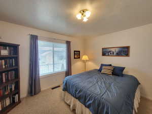 Carpeted bedroom featuring a textured ceiling