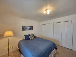 Carpeted bedroom featuring multiple closets and a textured ceiling