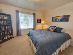 Bedroom featuring light colored carpet