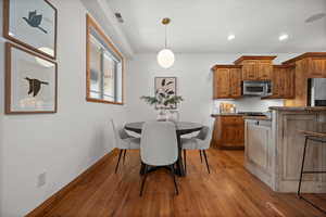 Kitchen with stainless steel appliances, tasteful backsplash, pendant lighting, and light hardwood / wood-style floors