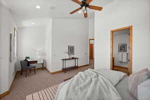 Bedroom with light carpet and ceiling fan