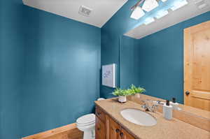 Bathroom with vanity, wood-type flooring, and toilet