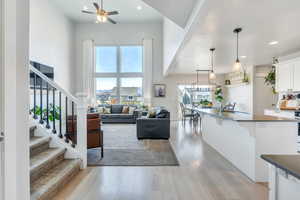 Living room featuring sink, ceiling fan, and light hardwood / wood-style flooring