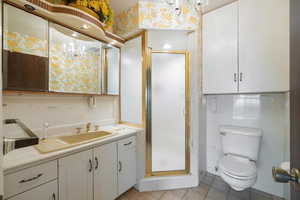 Bathroom featuring vanity, toilet, tile patterned floors, and an enclosed shower