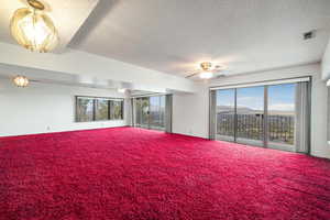 Carpeted empty room featuring ceiling fan, a textured ceiling, and plenty of natural light