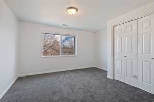 Unfurnished large bedroom featuring new carpet and a closet