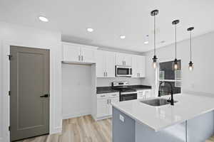 Kitchen featuring white cabinets, hanging light fixtures, light hardwood / wood-style flooring, sink, and stainless steel appliances