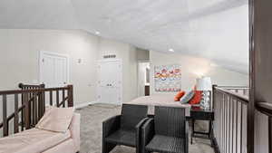 Interior space with a closet, a textured ceiling, and vaulted ceiling