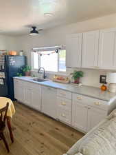 Kitchen featuring white cabinetry, sink, dark hardwood / wood-style floors, and dishwasher