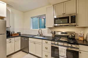 Kitchen with backsplash, white cabinets, sink, and appliances with stainless steel finishes