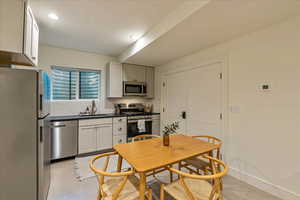 Kitchen with white cabinets, decorative backsplash, sink, and appliances with stainless steel finishes