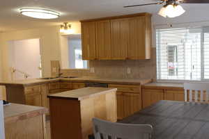 Kitchen featuring a wealth of natural light, sink, decorative backsplash, and kitchen peninsula