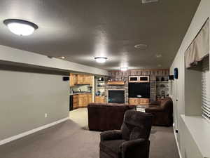 Carpeted living room featuring wet bar, built in features, and a fireplace