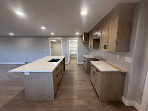 Kitchen with light brown cabinetry, a kitchen island with sink, hardwood / wood-style floors, and sink