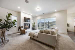 Living room with light colored carpet