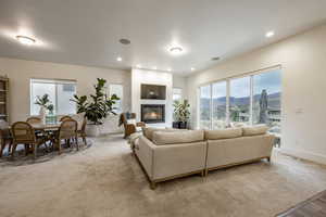 Living room with light colored carpet