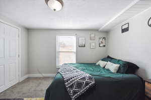 Carpeted bedroom with a textured ceiling