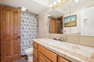 Bathroom featuring vanity, a shower with shower curtain, and toilet