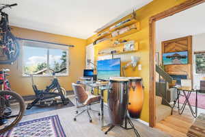 Office area featuring a wealth of natural light and hardwood / wood-style floors