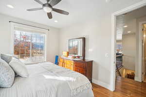 Bedroom featuring hardwood / wood-style flooring and ceiling fan