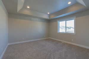 Carpeted spare room with a tray ceiling and a textured ceiling