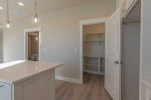 Walk in closet with light wood-type flooring