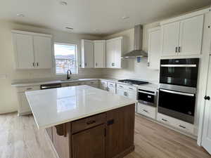 Kitchen featuring light hardwood / wood-style flooring, wall chimney exhaust hood, a kitchen island, white cabinetry, and stainless steel appliances