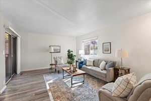 Living room with wood-type flooring