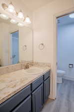 Bathroom with vanity, toilet, and hardwood / wood-style floors