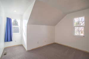 Bonus room with light colored carpet, vaulted ceiling, and a textured ceiling