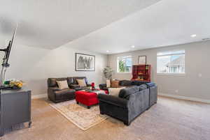 Living room with light colored carpet