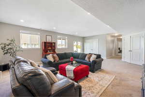 Living room featuring a wealth of natural light and light colored carpet