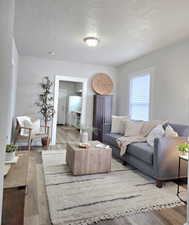 Living room with light hardwood / wood-style flooring and a textured ceiling