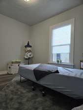 Bedroom featuring dark hardwood / wood-style flooring and a textured ceiling