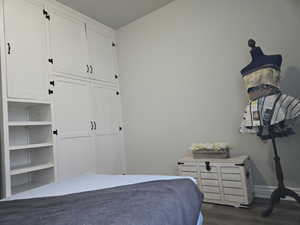 Bedroom with dark wood-type flooring and a closet