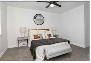 Bedroom featuring carpet flooring and ceiling fan