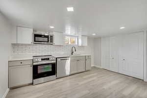 Kitchen featuring white cabinetry, sink, appliances with stainless steel finishes, tasteful backsplash, and light wood-type flooring