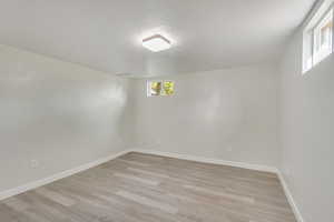 Basement with light hardwood / wood-style floors