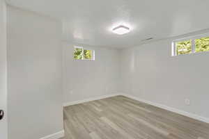 Basement featuring a wealth of natural light and light hardwood / wood-style flooring