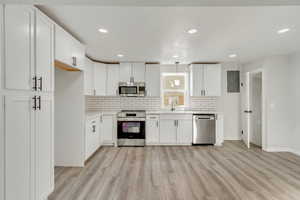 Kitchen with electric panel, stainless steel appliances, light wood-type flooring, white cabinetry, and decorative light fixtures