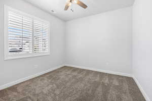 Carpeted empty room featuring visible vents, ceiling fan, and baseboards