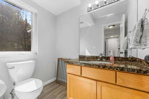 Bathroom featuring wood-type flooring, vanity, and toilet