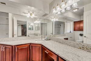 Basement Bathroom featuring toilet, granite countertop vanity, and plenty of light