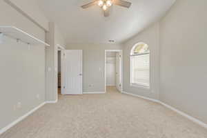 Large bedroom 3 featuring vaulted ceiling, brand new carpet, bay window, ceiling fan, view mountain, valley, walkin closet